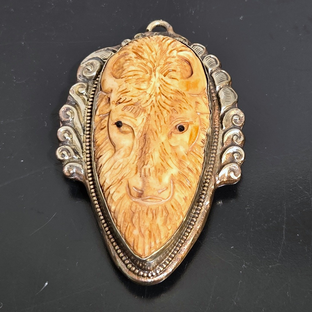 Carved Bison Buffalo Head Pendant ornate Silver Cowboy hat decor Southwest